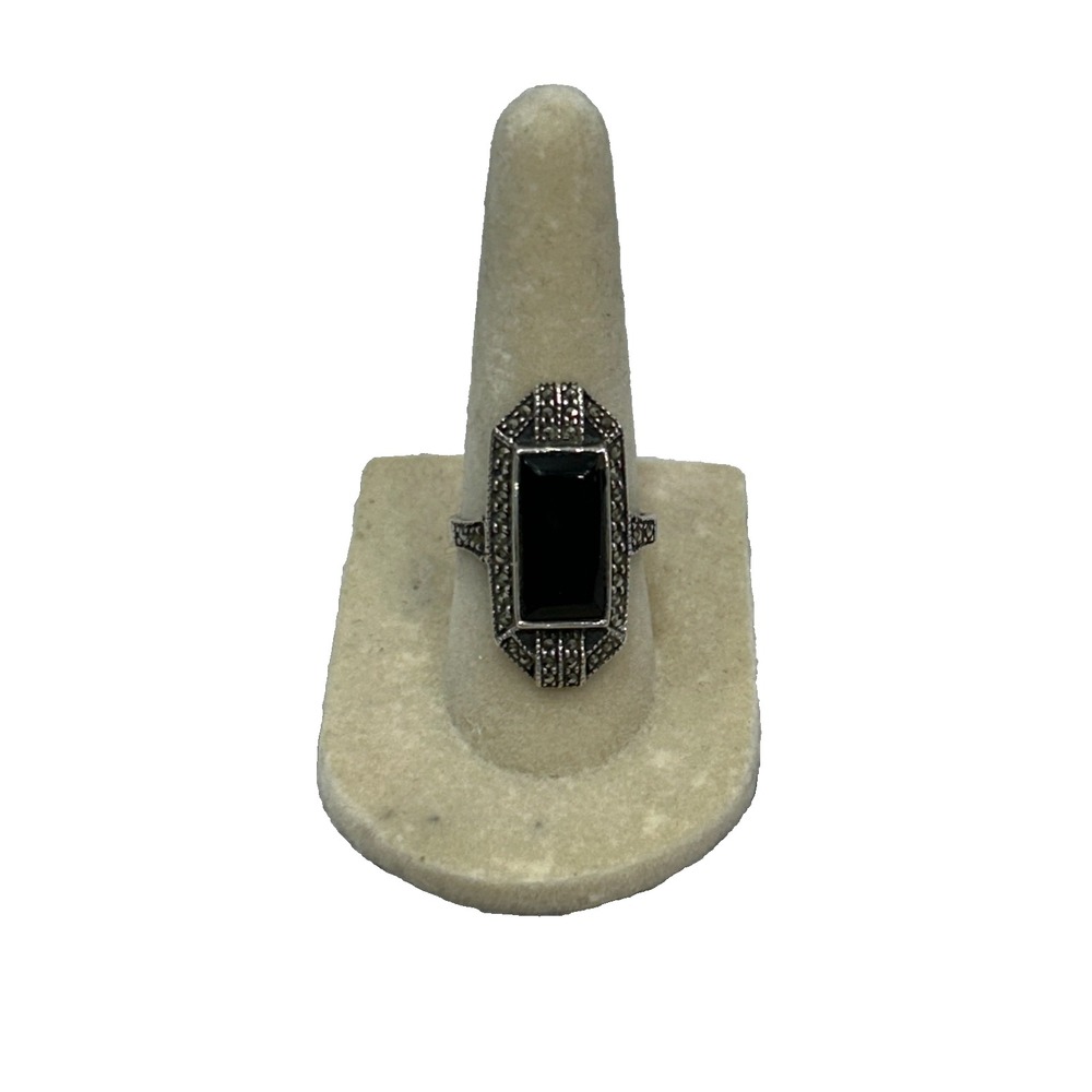 Vintage 925 Sterling Deco Style Black Onyx Marcasite Silver Ring Jewelry Size 7